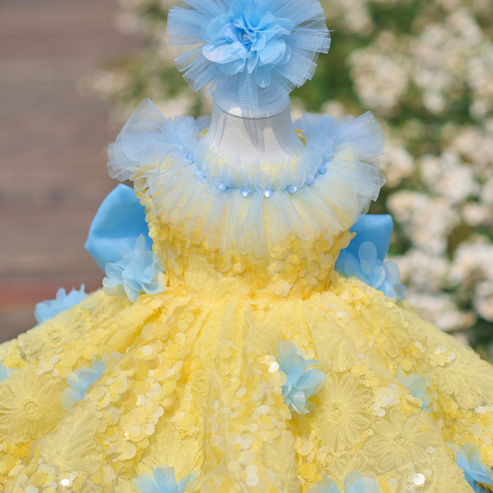 Vibrant Yellow Blue 3D Floral Flower Girl Dress Girls Sheer Tulle Birthday Pageant Gown J906