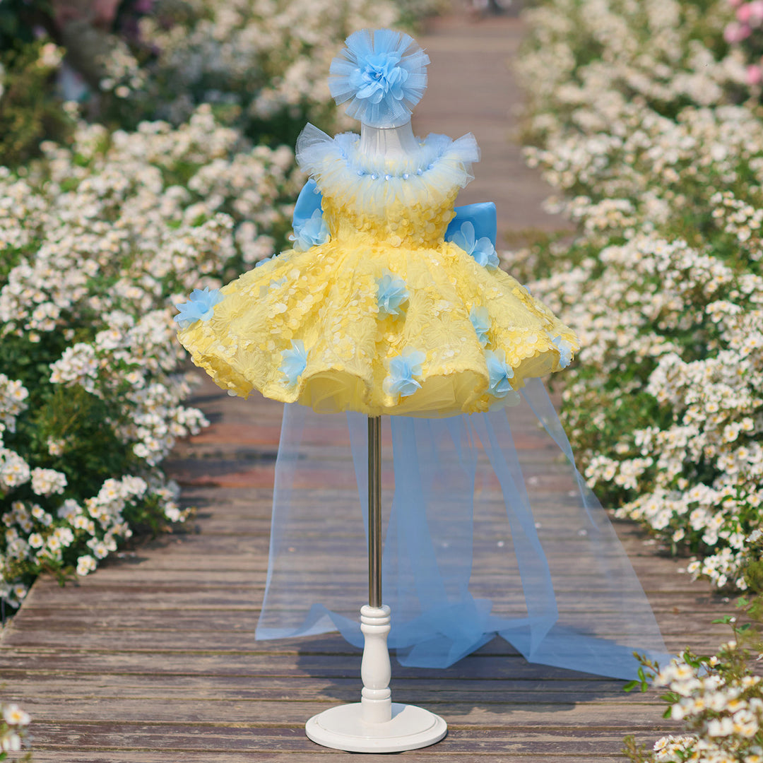 Vibrant Yellow Blue 3D Floral Flower Girl Dress Girls Sheer Tulle Birthday Pageant Gown J906