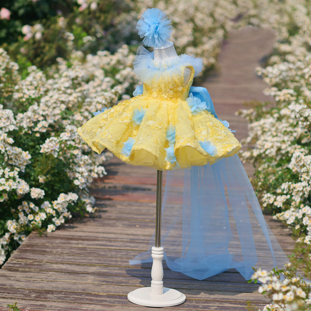 Vibrant Yellow Blue 3D Floral Flower Girl Dress Girls Sheer Tulle Birthday Pageant Gown J906