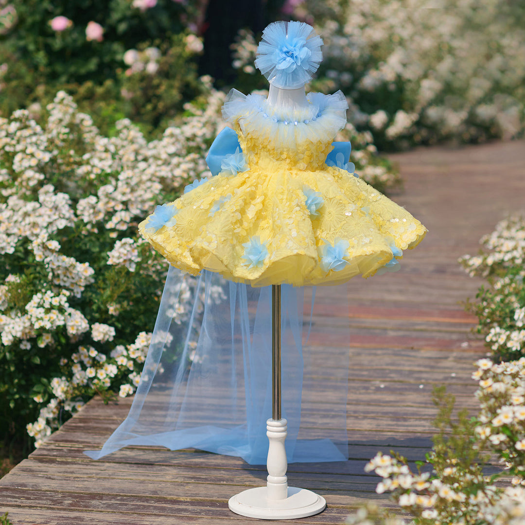 Vibrant Yellow Blue 3D Floral Flower Girl Dress Girls Sheer Tulle Birthday Pageant Gown J906