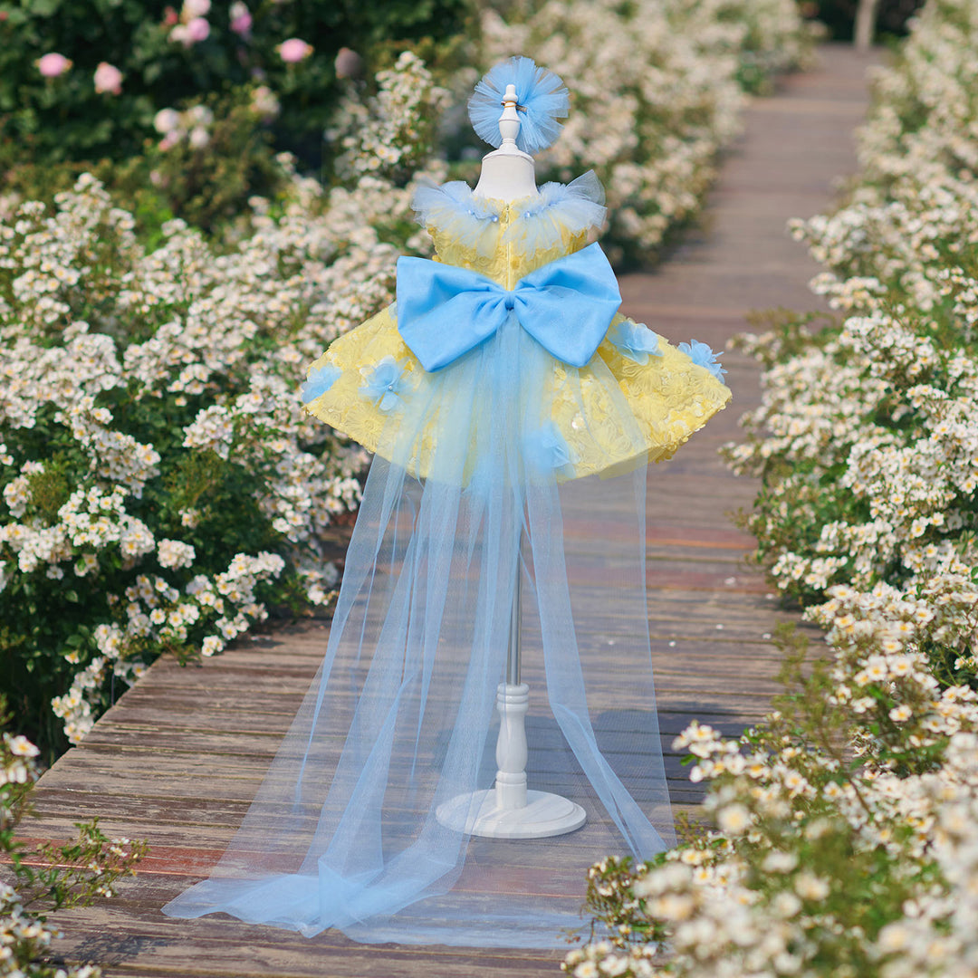 Vibrant Yellow Blue 3D Floral Flower Girl Dress Girls Sheer Tulle Birthday Pageant Gown J906