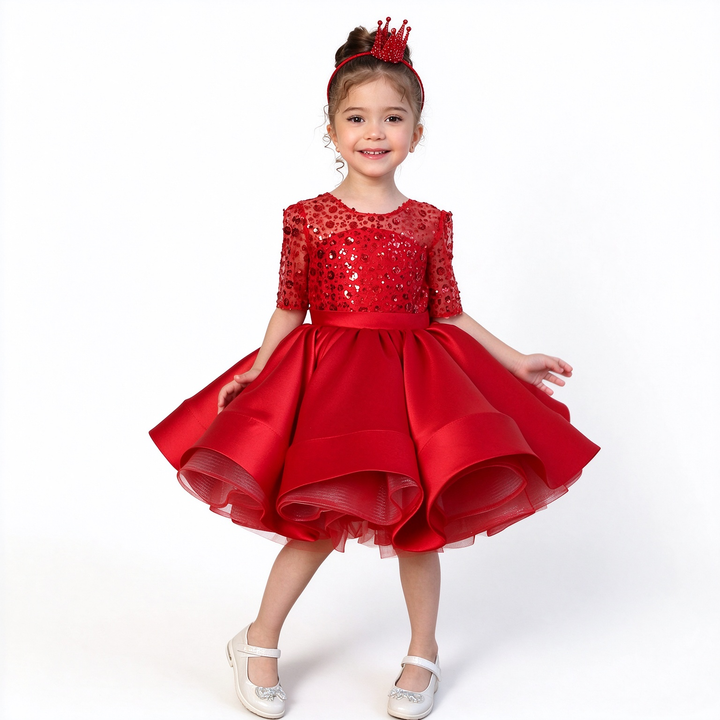 Red Sequin Bodice Girls Holiday Dress with Curled Satin Hem M089