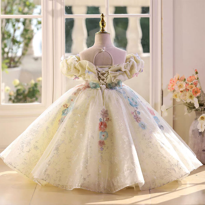 Fairytale Yellow Flower Girl Dress with 3D Floral Appliqués D124