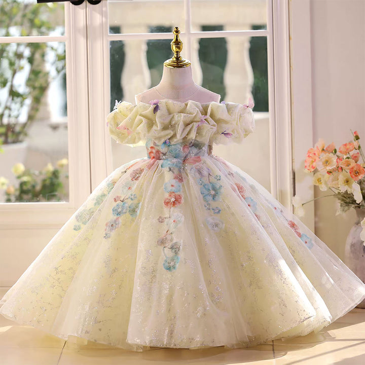 Fairytale Yellow Flower Girl Dress with 3D Floral Appliqués D124