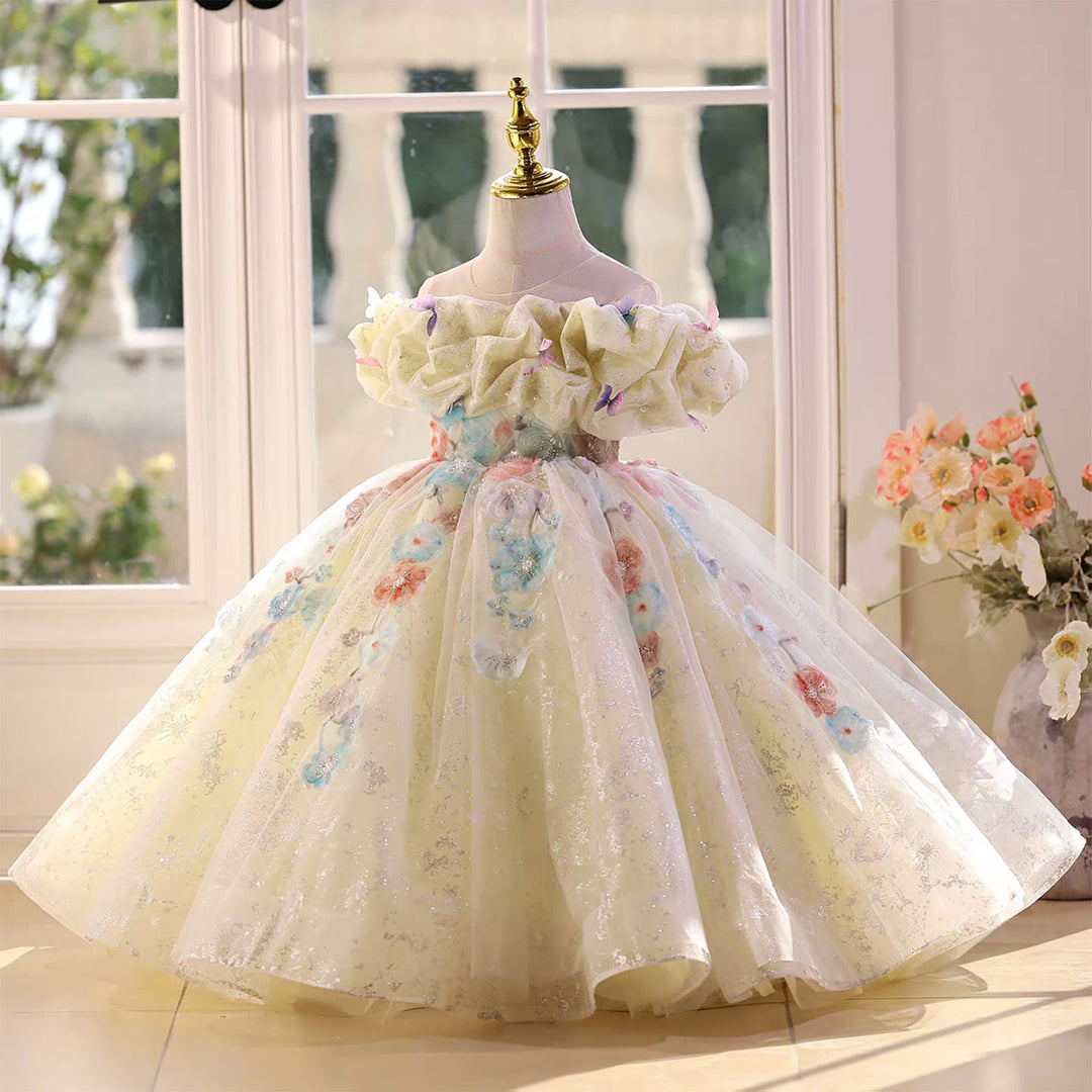 Fairytale Yellow Flower Girl Dress with 3D Floral Appliqués D124
