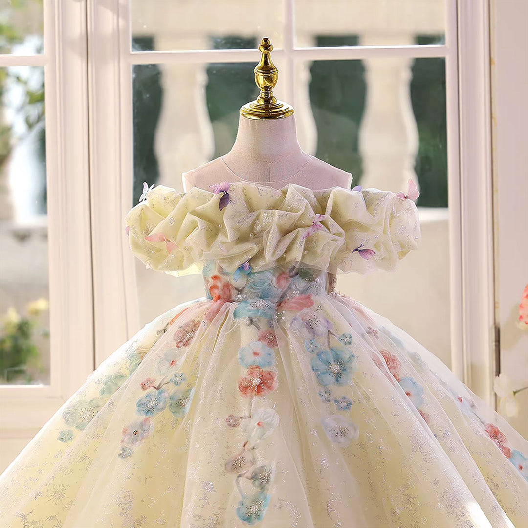 Fairytale Yellow Flower Girl Dress with 3D Floral Appliqués D124