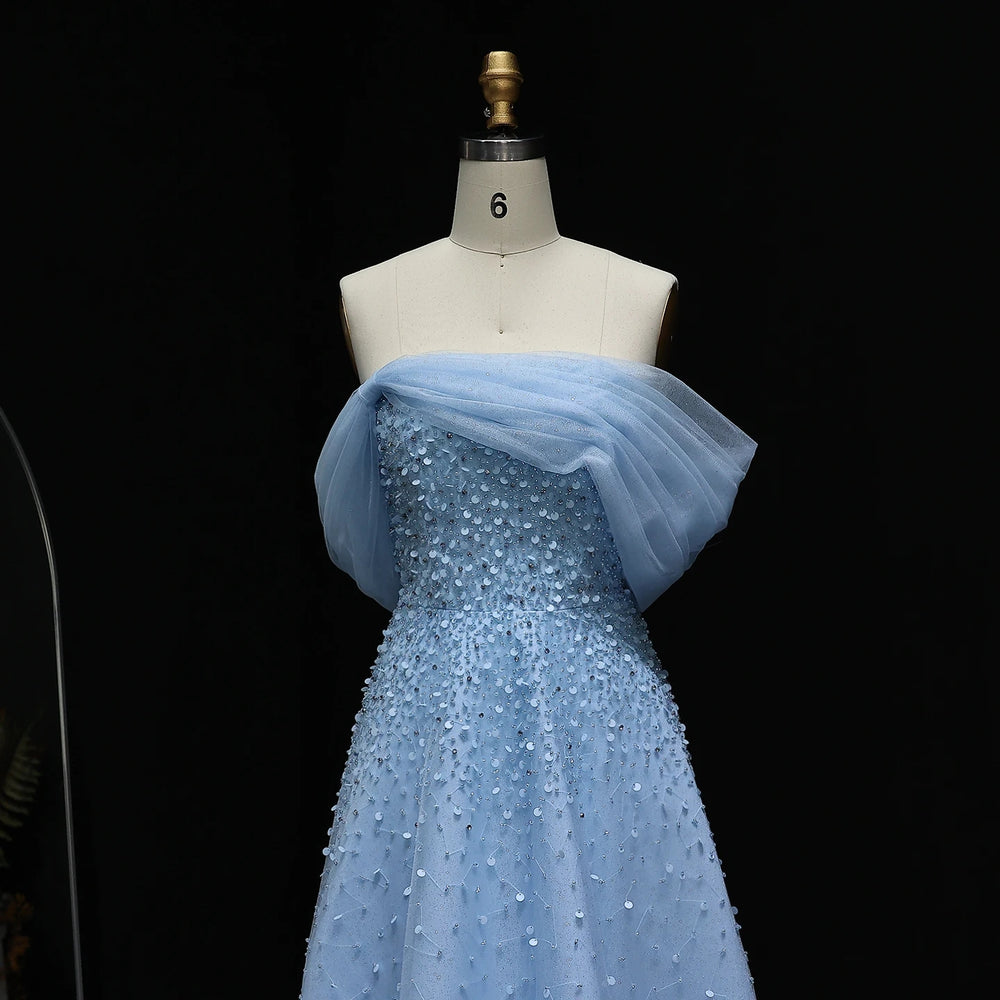 Light Blue Off Shoulder Beaded Evening Gown Luxury Arabic Wedding Party SS510