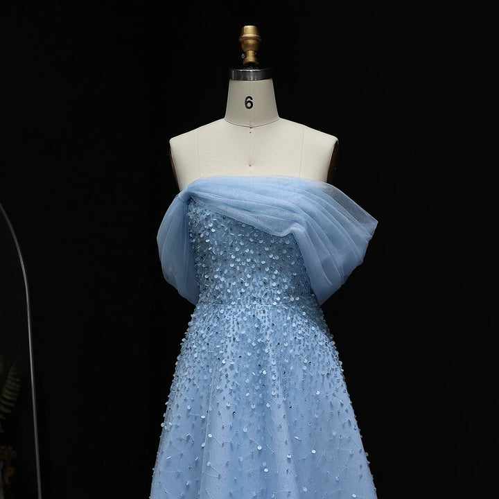 Light Blue Off Shoulder Beaded Evening Gown Luxury Arabic Wedding Party SS510