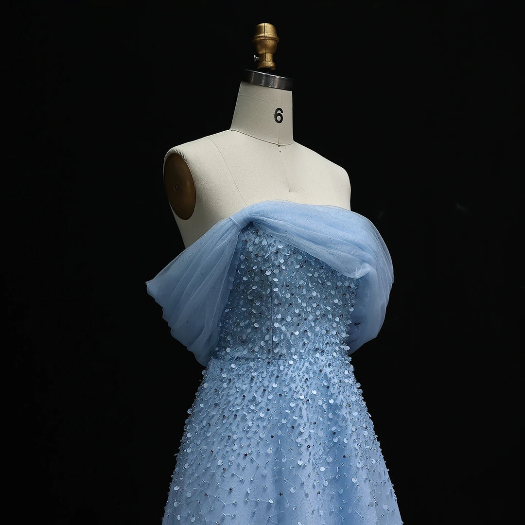 Light Blue Off Shoulder Beaded Evening Gown Luxury Arabic Wedding Party SS510
