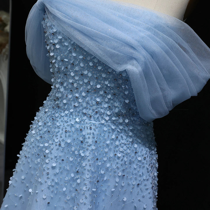 Light Blue Off Shoulder Beaded Evening Gown Luxury Arabic Wedding Party SS510