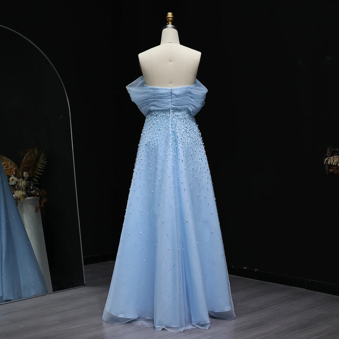 Light Blue Off Shoulder Beaded Evening Gown Luxury Arabic Wedding Party SS510