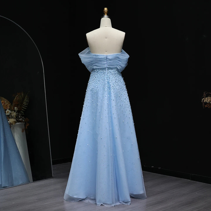 Light Blue Off Shoulder Beaded Evening Gown Luxury Arabic Wedding Party SS510