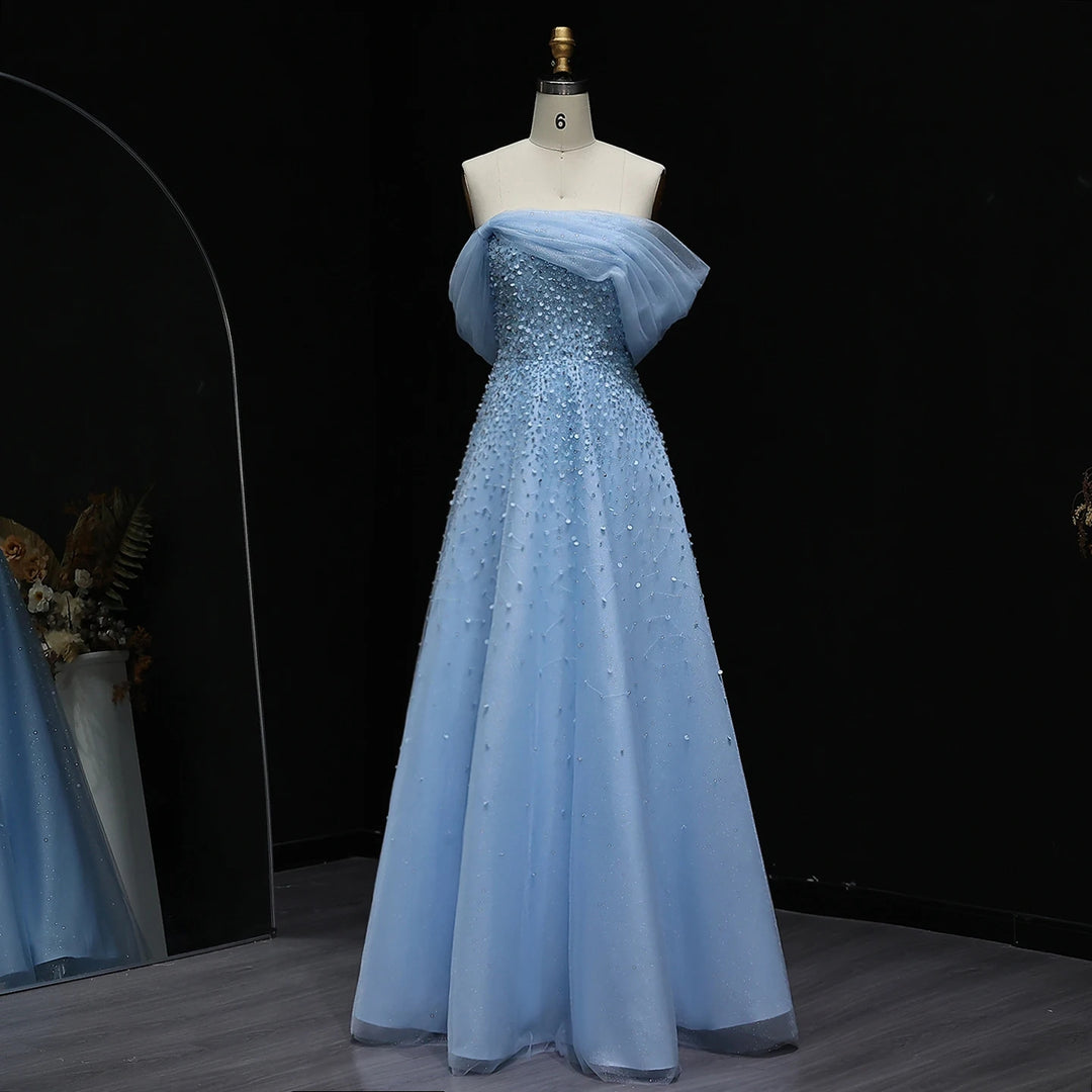Light Blue Off Shoulder Beaded Evening Gown Luxury Arabic Wedding Party SS510