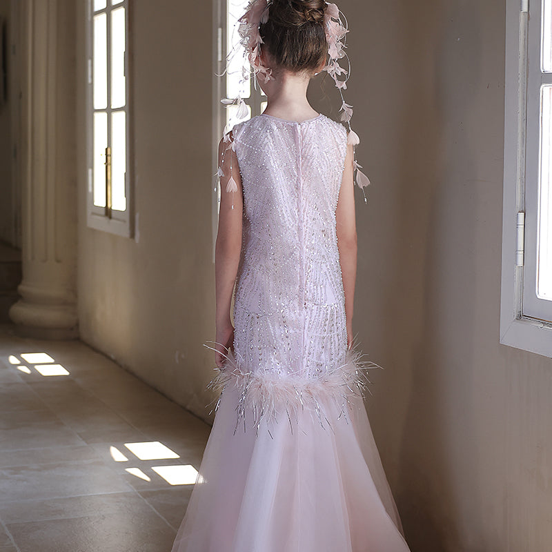 Charming Flower Girl V-Neck Dress for Birthday and Pageant Celebrations J328