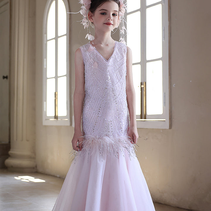 Charming Flower Girl V-Neck Dress for Birthday and Pageant Celebrations J328