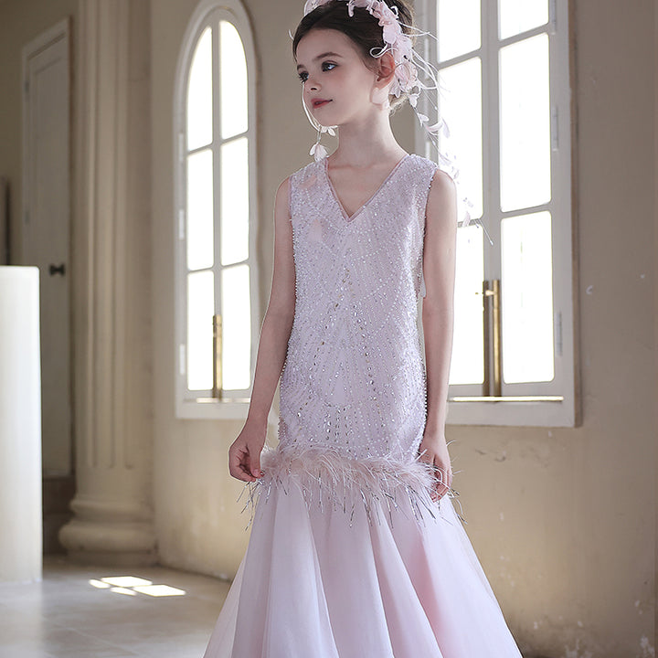 Charming Flower Girl V-Neck Dress for Birthday and Pageant Celebrations J328