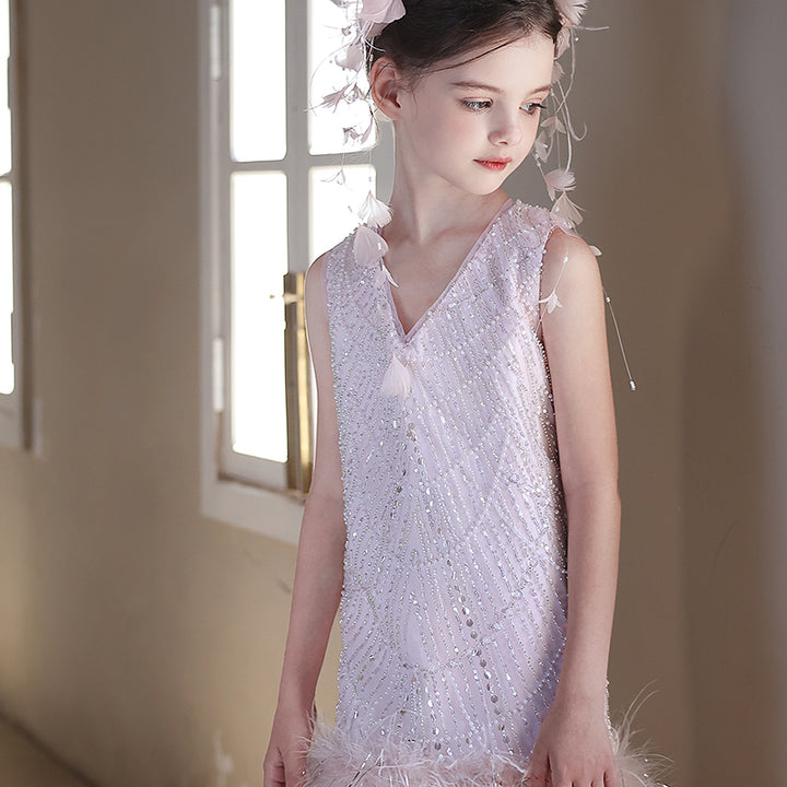 Charming Flower Girl V-Neck Dress for Birthday and Pageant Celebrations J328
