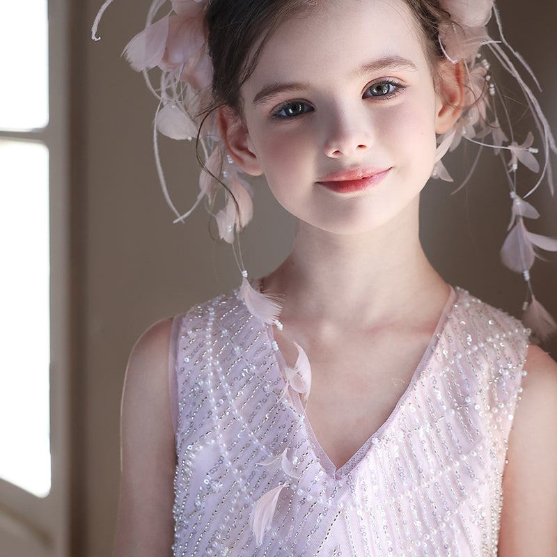 Charming Flower Girl V-Neck Dress for Birthday and Pageant Celebrations J328