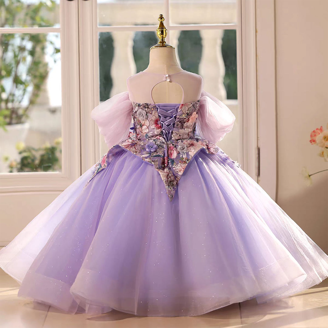 Elegant Lilac Flower Girl Dress with Embellished Bodice Floor Length D125