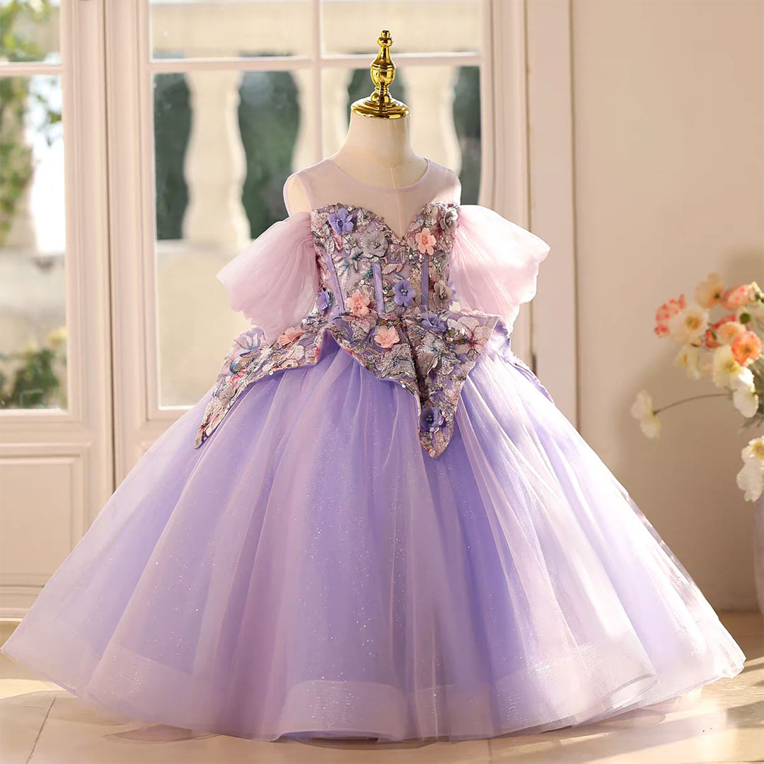 Elegant Lilac Flower Girl Dress with Embellished Bodice Floor Length D125