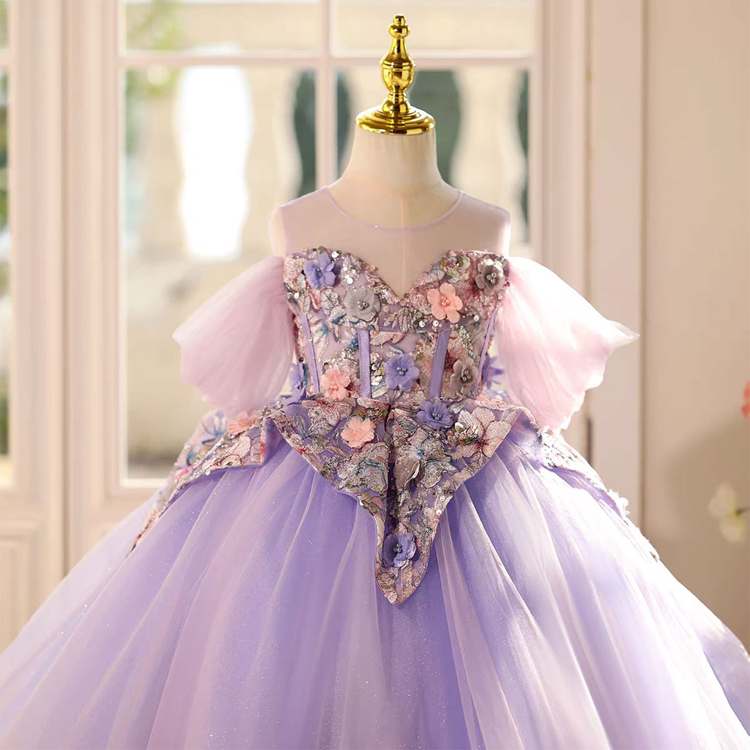 Elegant Lilac Flower Girl Dress with Embellished Bodice Floor Length D125