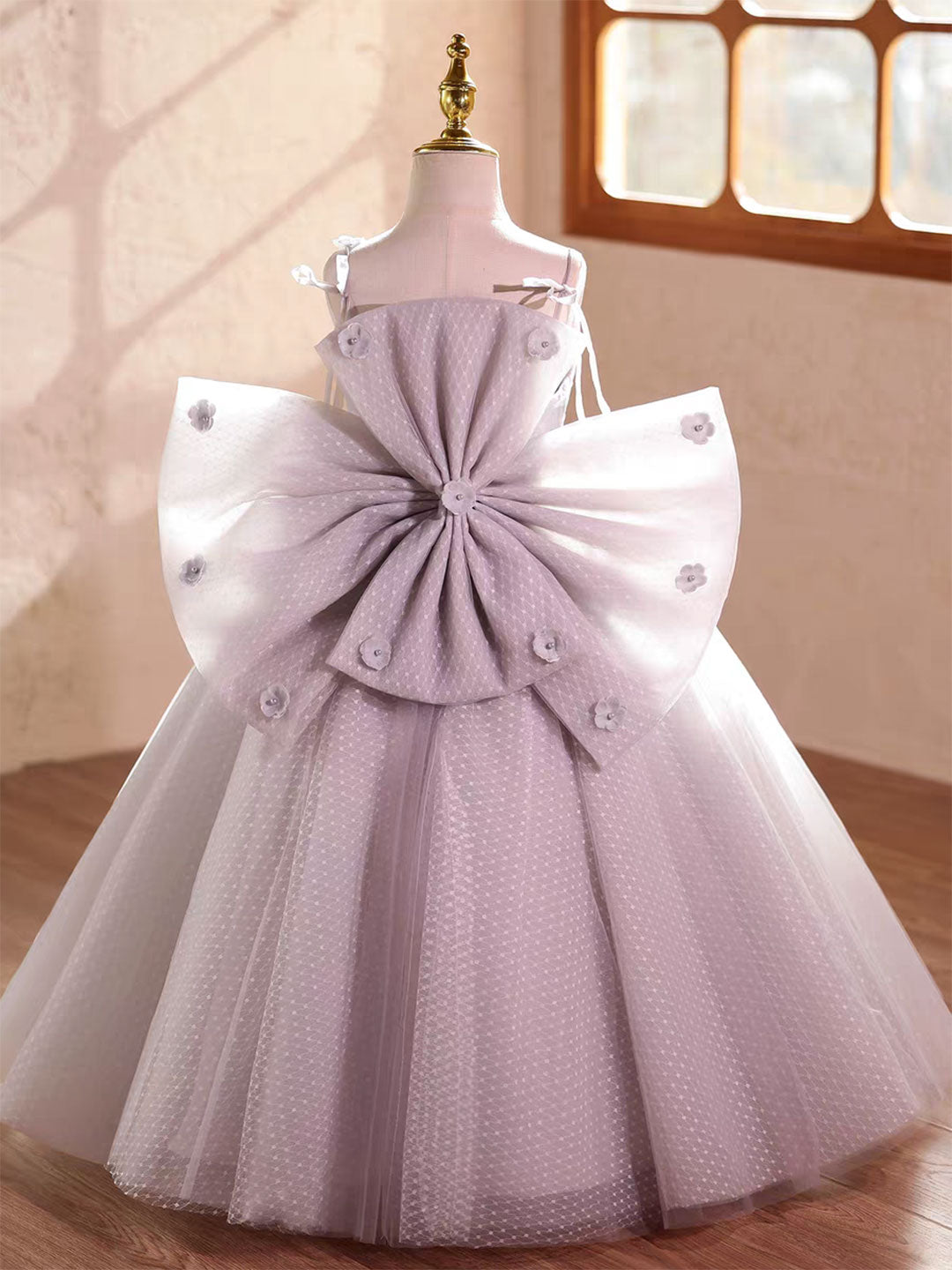 Luxury Lilac Princess Flower Girl Dress with Bow for Birthday Pageant Party D224