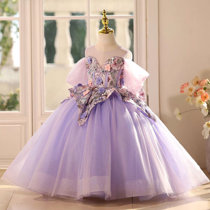 Elegant Lilac Flower Girl Dress with Embellished Bodice Floor Length D125