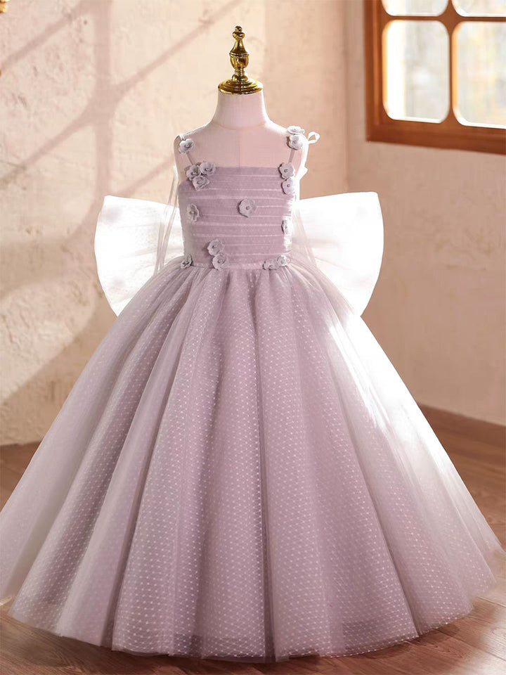 Luxury Lilac Princess Flower Girl Dress with Bow for Birthday Pageant Party D224
