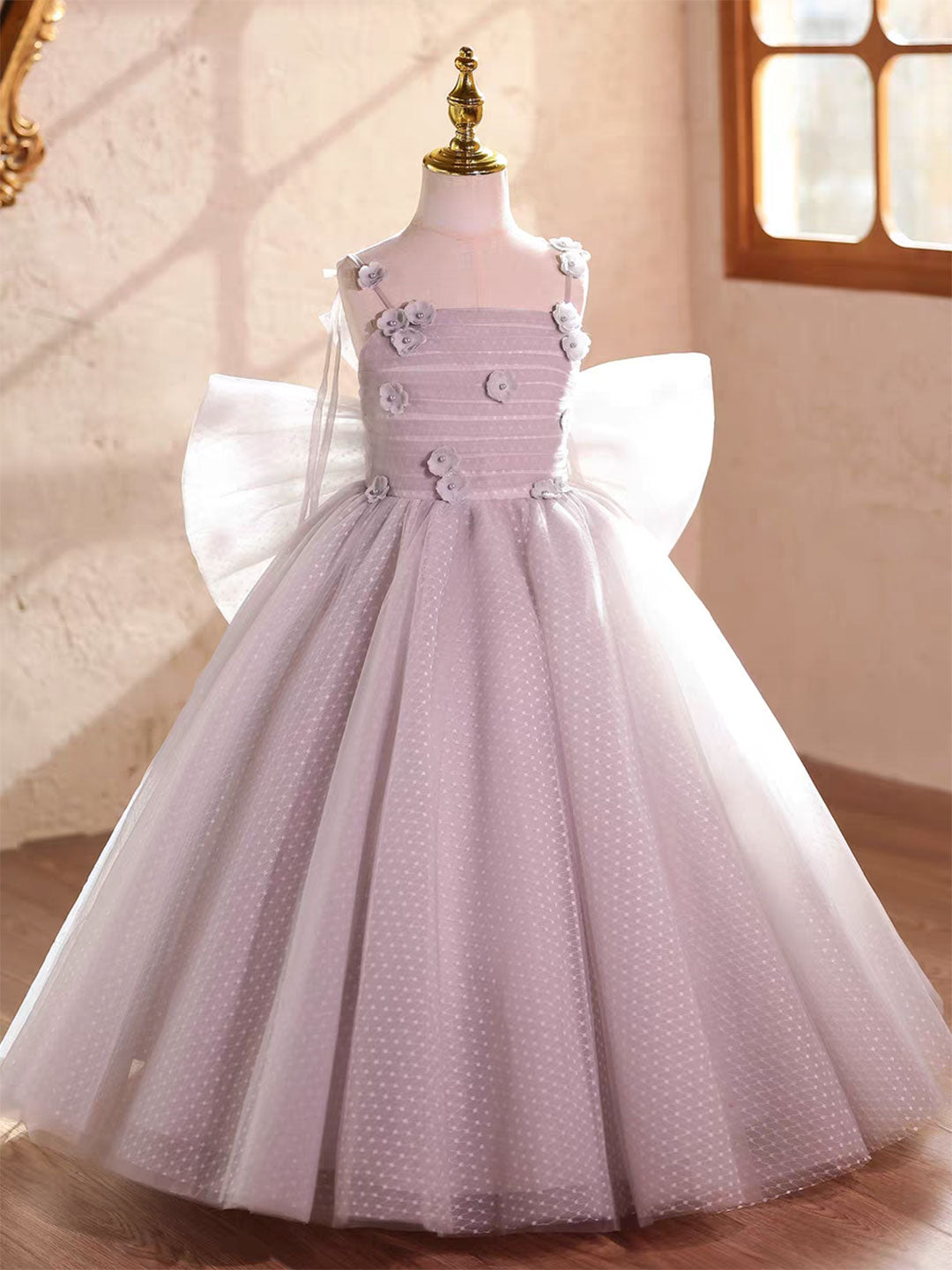 Luxury Lilac Princess Flower Girl Dress with Bow for Birthday Pageant Party D224