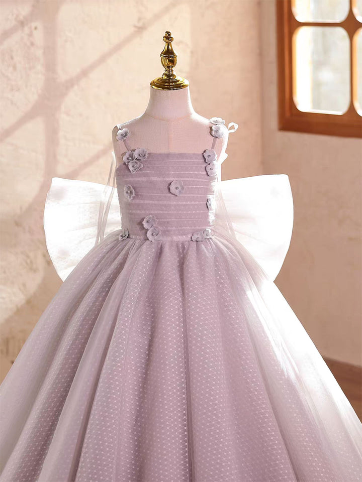 Luxury Lilac Princess Flower Girl Dress with Bow for Birthday Pageant Party D224