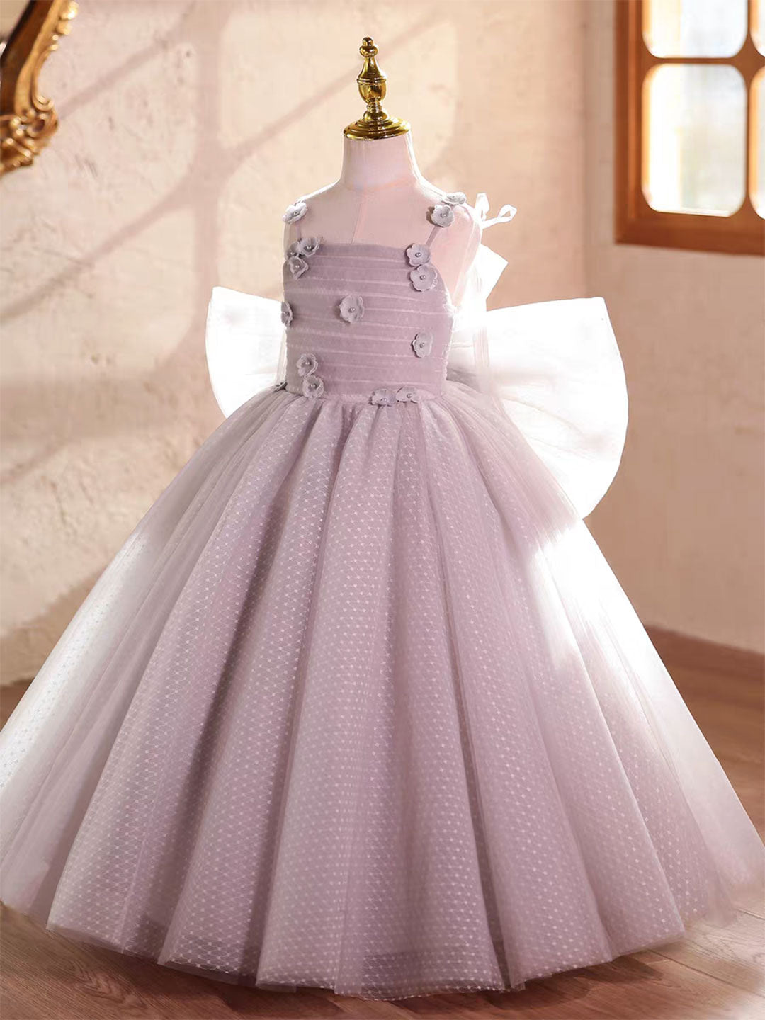 Luxury Lilac Princess Flower Girl Dress with Bow for Birthday Pageant Party D224
