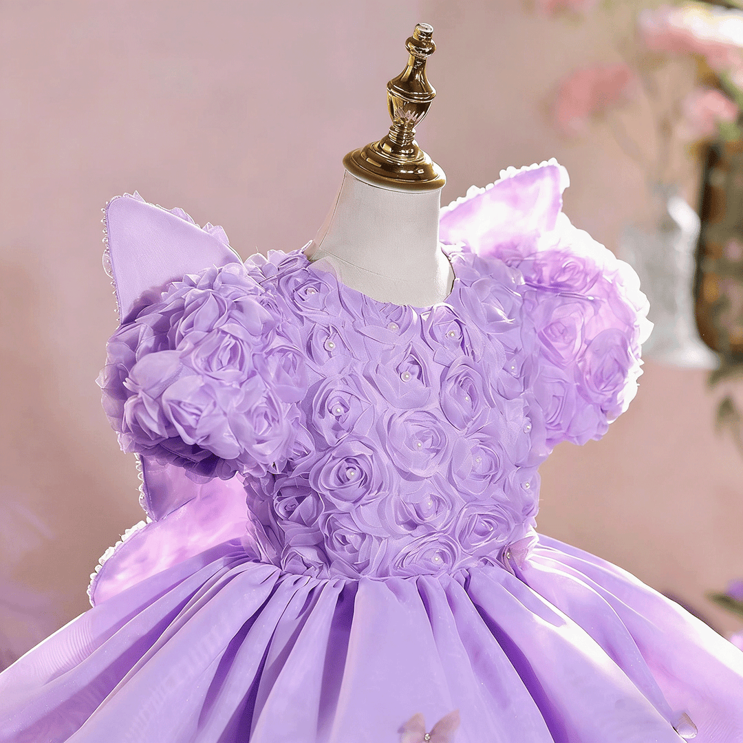 Luxury Lilac 3D Floral Flower Girl Dress Puffy Princess Birthday Party Gown D256