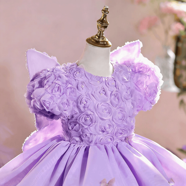 Luxury Lilac 3D Floral Flower Girl Dress Puffy Princess Birthday Party Gown D256