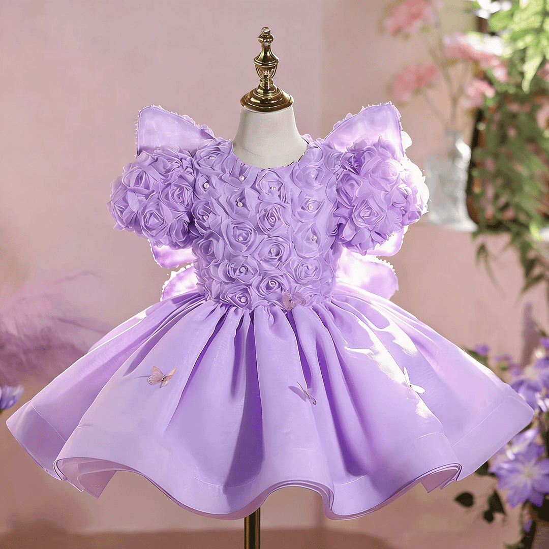 Luxury Lilac 3D Floral Flower Girl Dress Puffy Princess Birthday Party Gown D256 Lilac / child-12 Luxury Lilac 3D Floral Flower Girl Dress Puffy Princess Birthday Party Gown D256 Lilac / child-12
