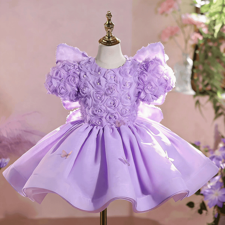 Luxury Lilac 3D Floral Flower Girl Dress Puffy Princess Birthday Party Gown D256