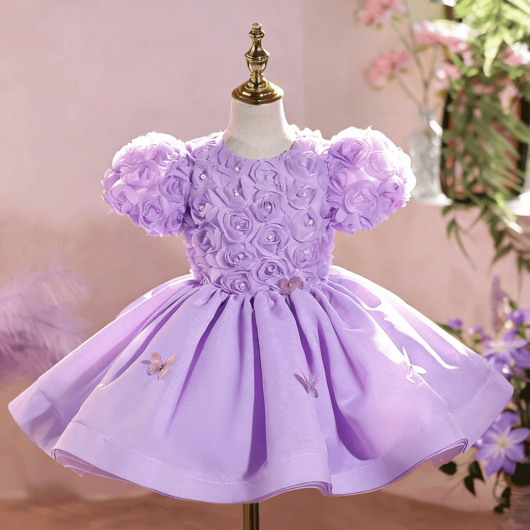 Luxury Lilac 3D Floral Flower Girl Dress Puffy Princess Birthday Party Gown D256
