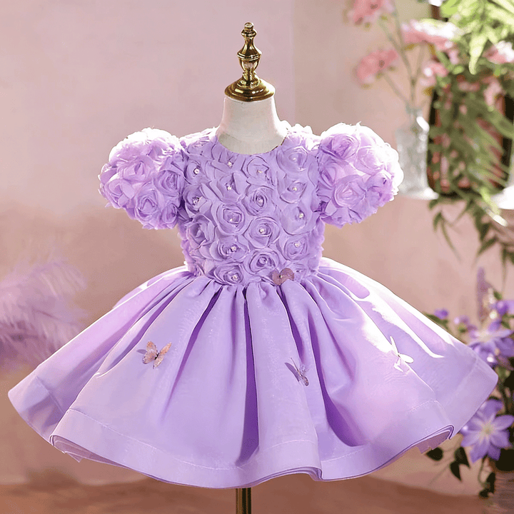 Luxury Lilac 3D Floral Flower Girl Dress Puffy Princess Birthday Party Gown D256