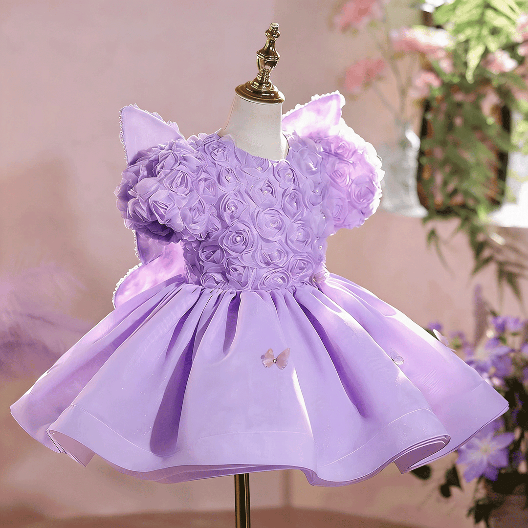 Luxury Lilac 3D Floral Flower Girl Dress Puffy Princess Birthday Party Gown D256