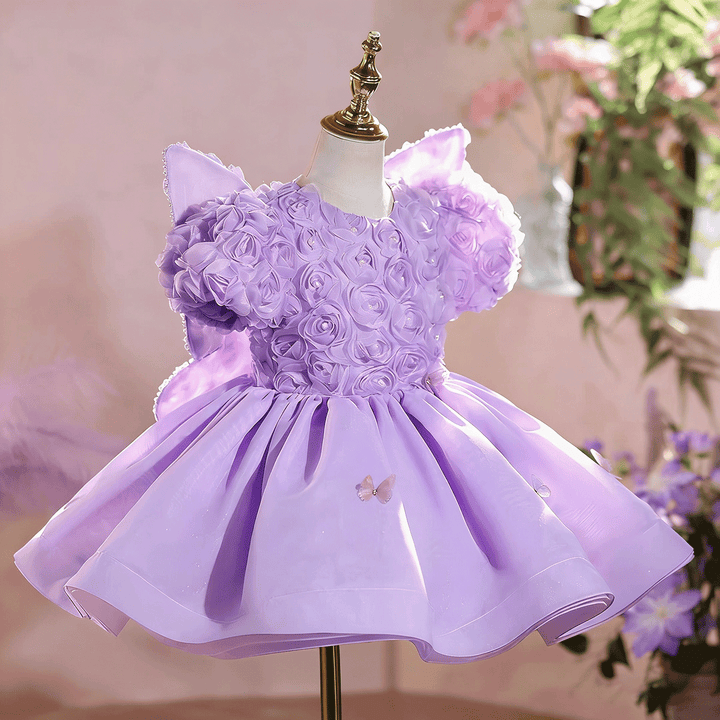 Luxury Lilac 3D Floral Flower Girl Dress Puffy Princess Birthday Party Gown D256