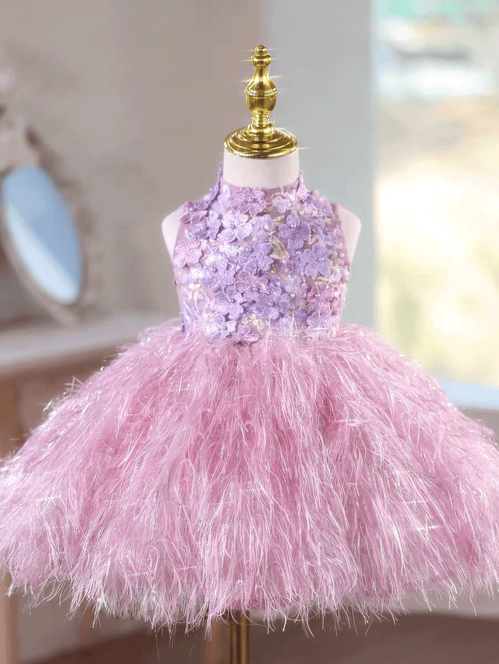 Luxury Lilac Feather Flower Girl Dress with 3D Floral Kids Birthday Party J884