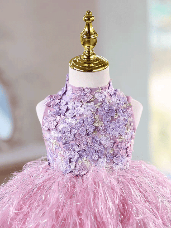 Luxury Lilac Feather Flower Girl Dress with 3D Floral Kids Birthday Party J884
