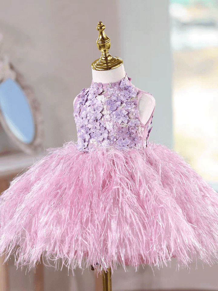 Luxury Lilac Feather Flower Girl Dress with 3D Floral Kids Birthday Party J884