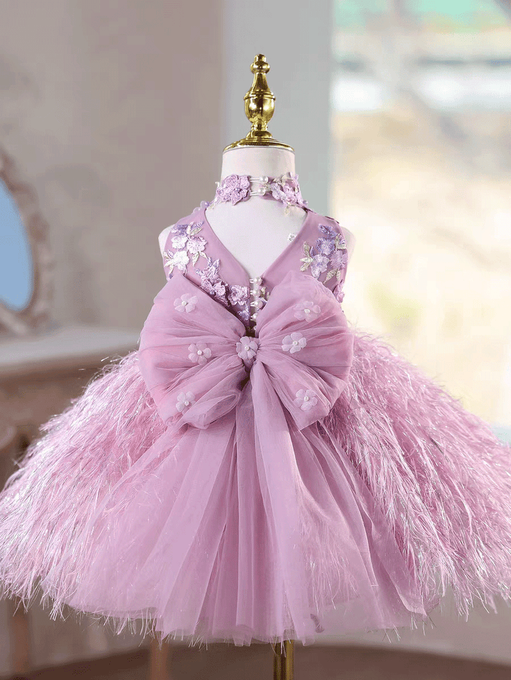 Luxury Lilac Feather Flower Girl Dress with 3D Floral Kids Birthday Party J884