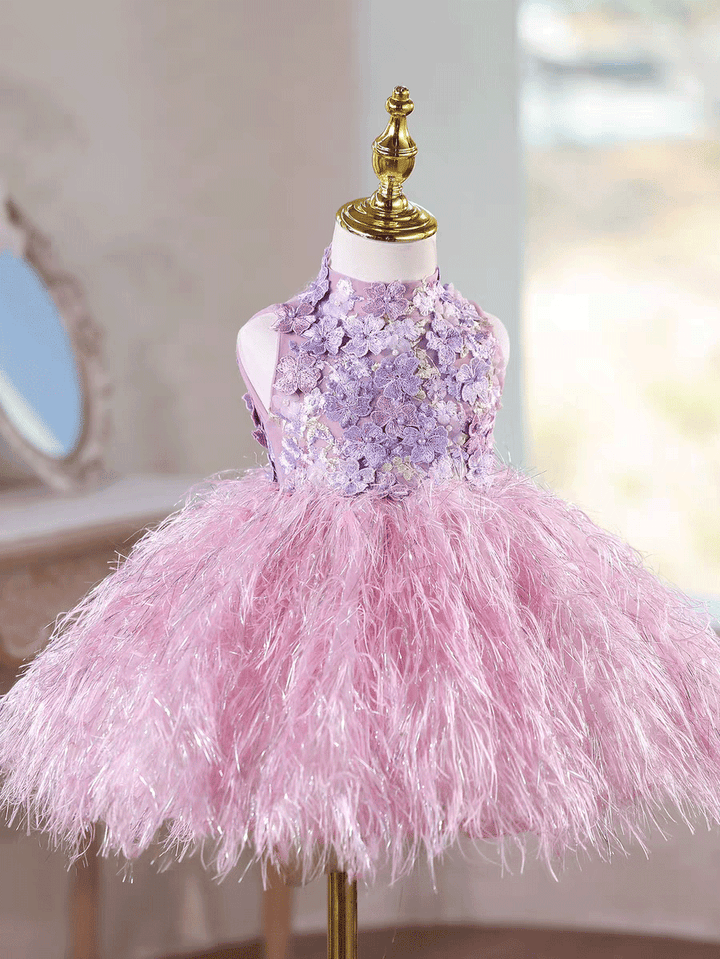 Luxury Lilac Feather Flower Girl Dress with 3D Floral Kids Birthday Party J884