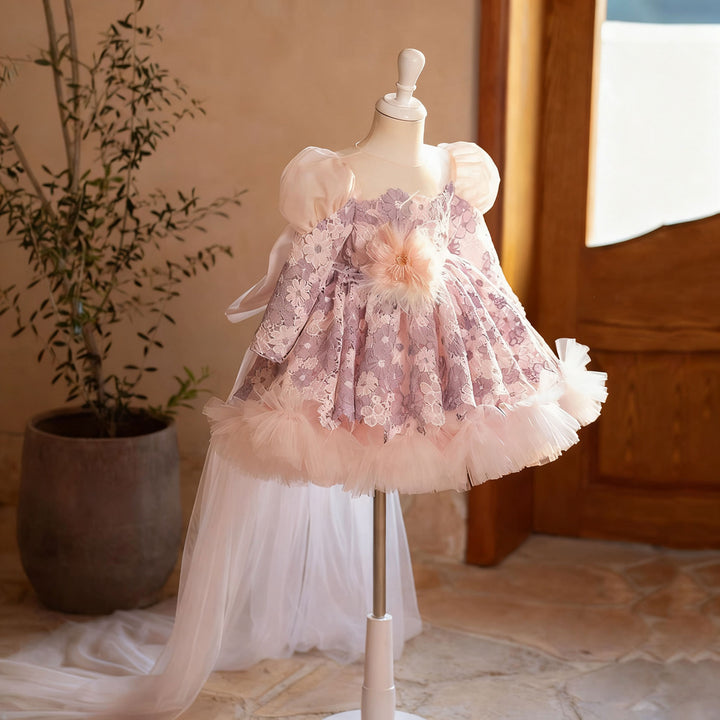 Elegant Lilac Knee Length Girl Dress with Long Sleeves J722