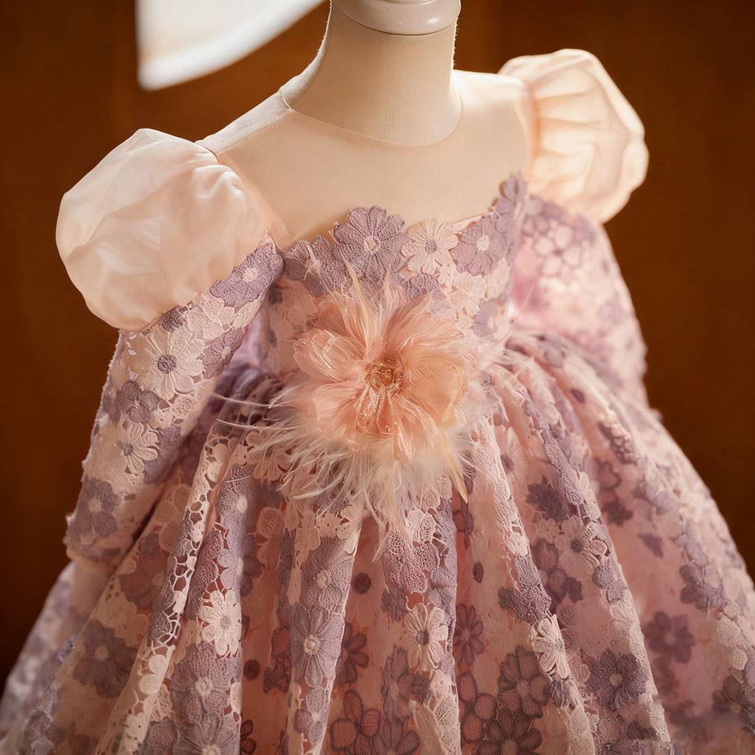 Elegant Lilac Knee Length Girl Dress with Long Sleeves J722