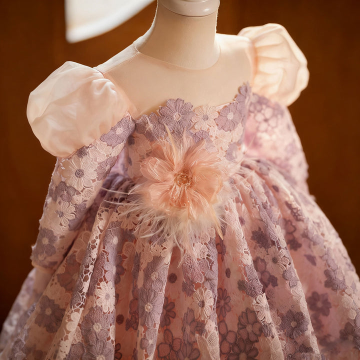 Elegant Lilac Knee Length Girl Dress with Long Sleeves J722