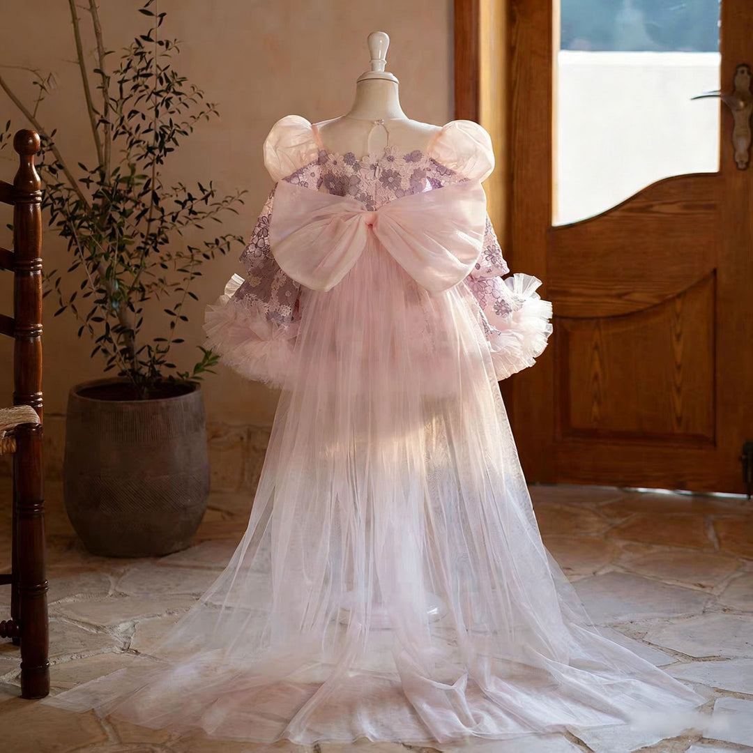 Elegant Lilac Knee Length Girl Dress with Long Sleeves J722