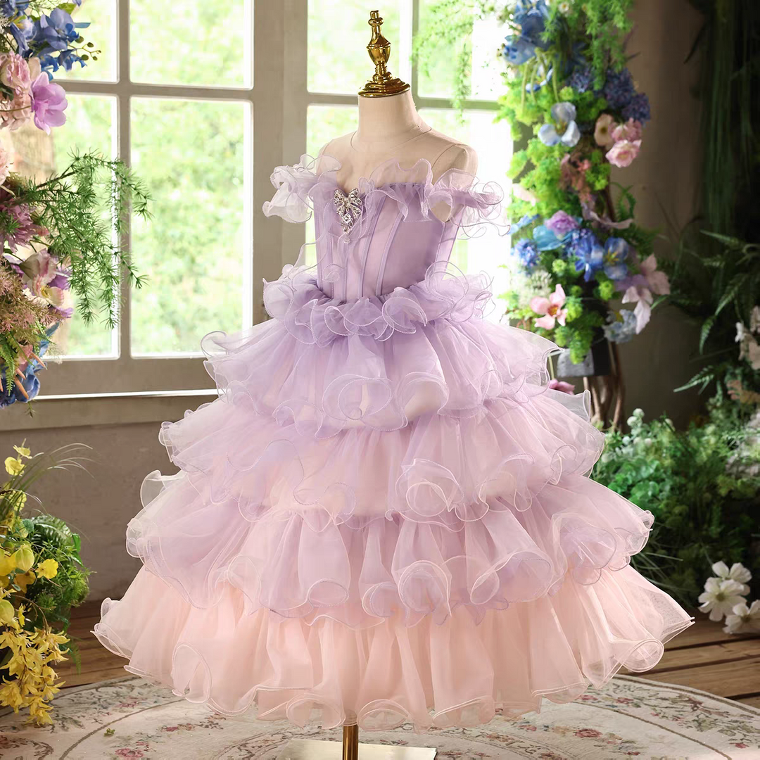 Elegant Tiered Princess Girl Dress for Birthday Pageant Party D202