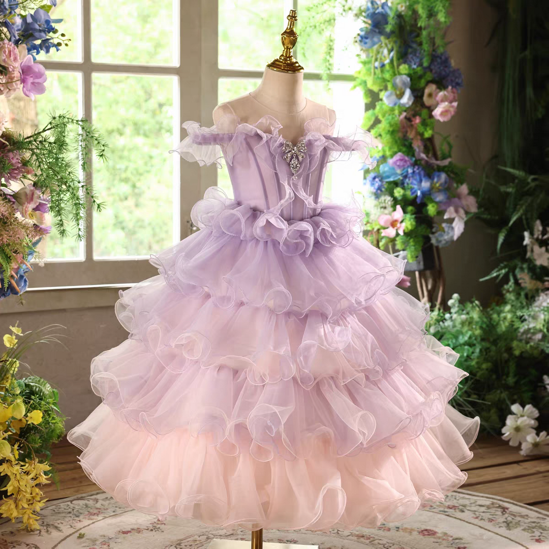 Elegant Tiered Princess Girl Dress for Birthday Pageant Party D202 Lilac / child-8 Elegant Tiered Princess Girl Dress for Birthday Pageant Party D202 Lilac / child-8